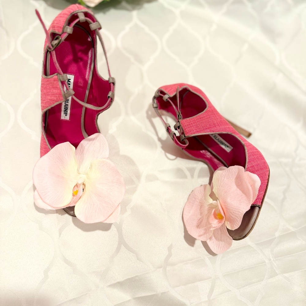 Up-cycled Manolo Blahnik Orchid heels sandals shoes 40 leather slingback straps - Picture 10 of 11